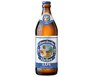 Eine Bierflasche Oderdorfer Helles null null mit Etikett und bayerischem Motiv.