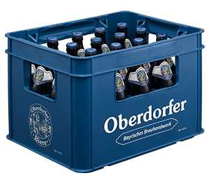 Eine blaue Bierkiste mit 20 Flaschen Oberdorfer Helle null null steht auf transparentem Hintergrund.