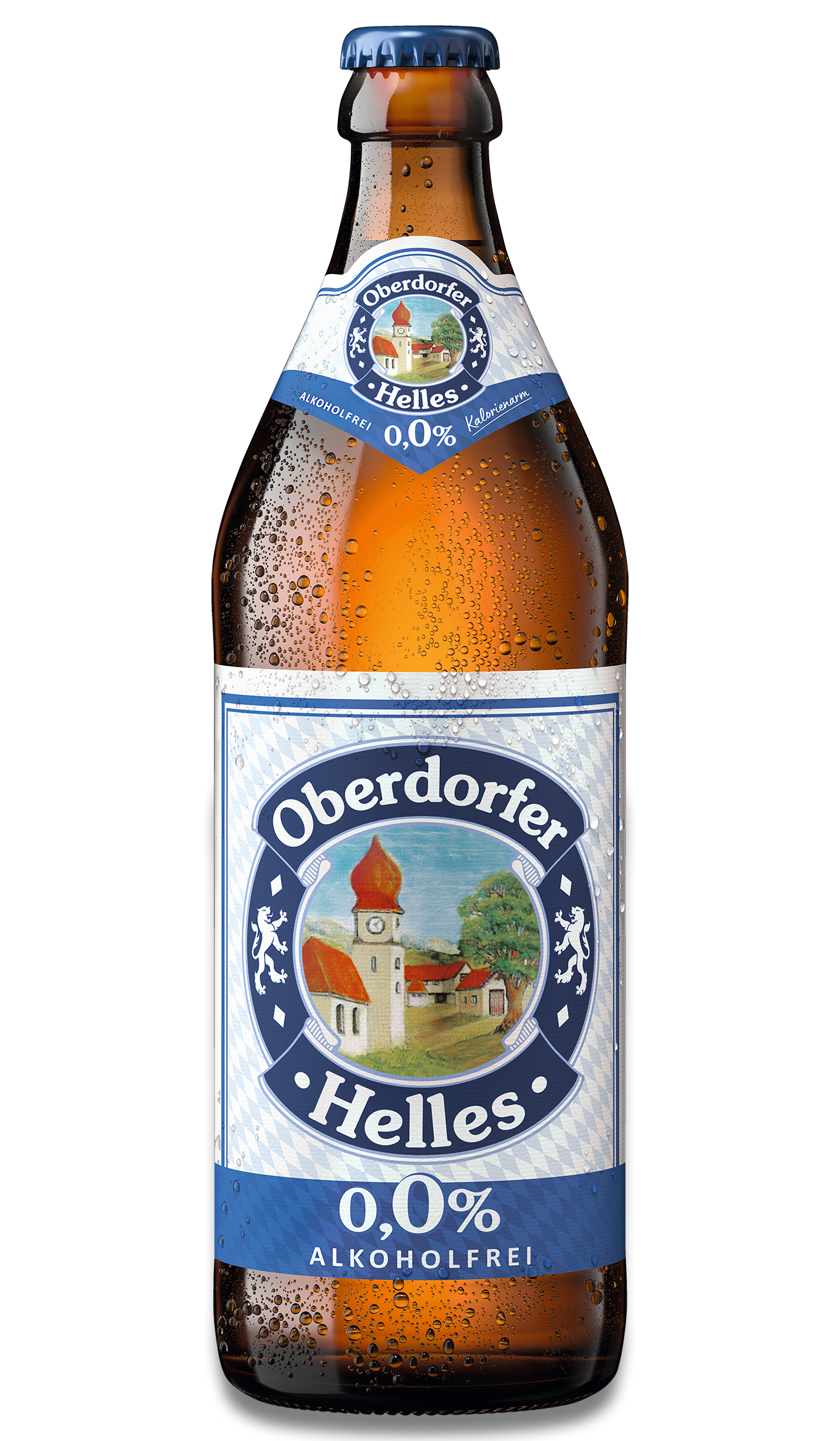Eine Bierflasche Oderdorfer Helles null null mit Etikett und bayerischem Motiv.