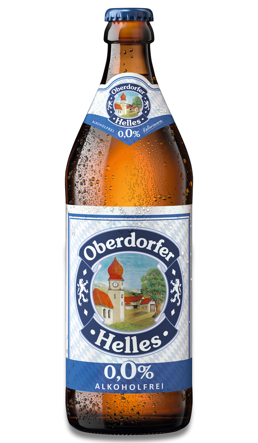 Eine Bierflasche Oderdorfer Helles null null mit Etikett und bayerischem Motiv.