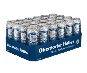 Eine Dose und ein 24er-Pack heller Biere in blau-weißer Verpackung stehen nebeneinander.