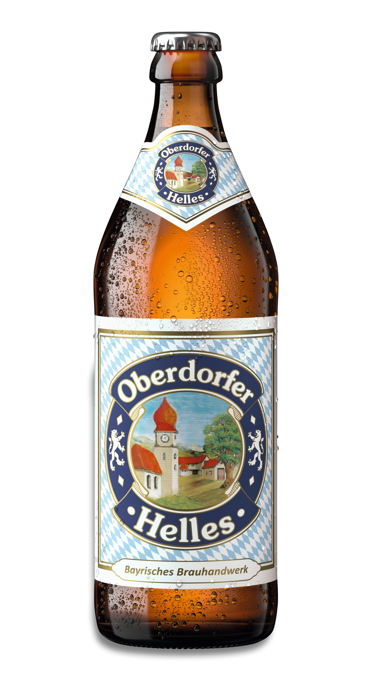 Eine Flasche Oberdorfer helles Bier, kühl beschlagen mit Wassertropfen.