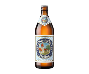 Eine Flasche helles Bier steht kühl beschlagen auf einem schwarzen Hintergrund.