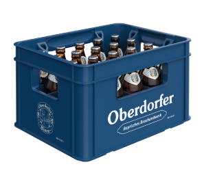 Blaue Getränkekiste aus Kunststoff mit zwölf Flaschen ist dargestellt.