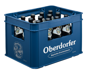 Eine blaue Bierkiste mit zwölf grünen Flaschen steht auf transparentem Hintergrund.